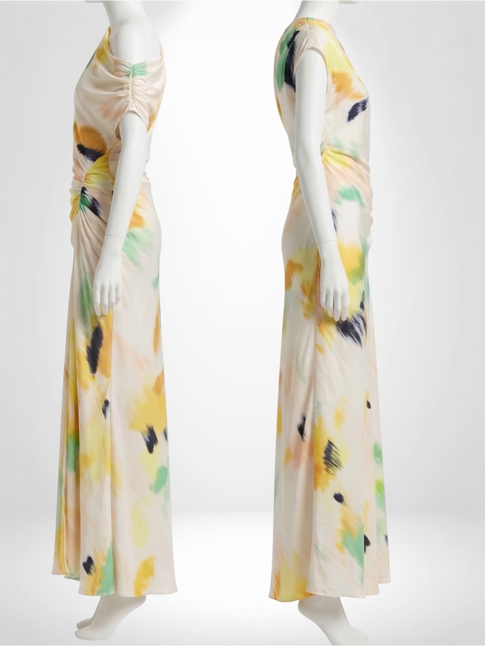 A.L.C. Penny Women’s Yellow Floral Satin Ruched Off-Shoulder Cocktail Maxi Dress - Picture 11 of 13